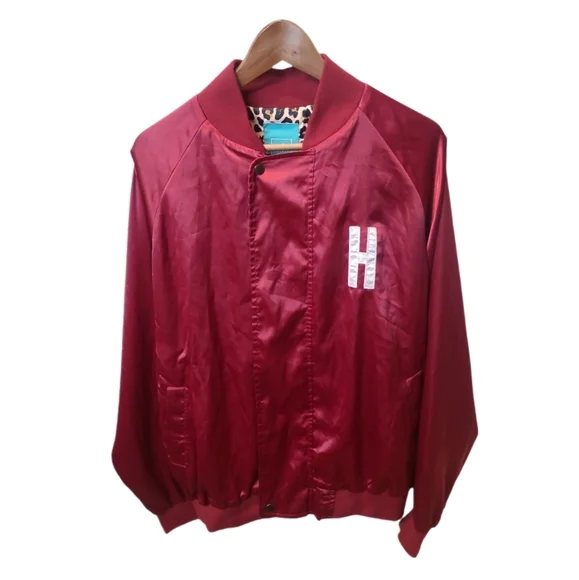 HOTEL 1171 | Red Satin Varsity Bomber Jacket | Back Graphic | Size L - Picture 4 of 10